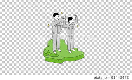 穿著工作服的男女站在愛知縣地圖上，3D 插圖，矢量圖 91448478