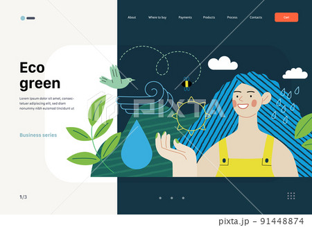 Ecology - Eco green -Modern flat vector concept illustration of a young woman surrounded by natural ecological symbols. Creative landing web page template 91448874