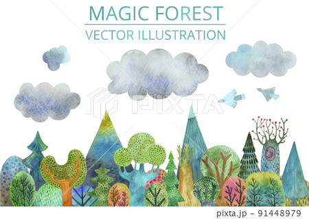 Colorful fantasy magic forest with trees and mountains Colorful fantasy magic forest with trees and mountains 91448979
