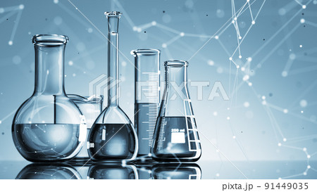 Glass chemistry lab equipment on blue background. Chemistry Lab concept. 3d Glass chemistry lab equipment on blue background. Chemistry Lab concept. 3d 91449035