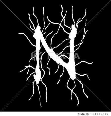 Metal music band's font.White letter with smudges on black background. 91449245