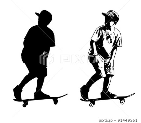 skateboarder kid, silhouette and sketchのイラスト素材 [91449561 