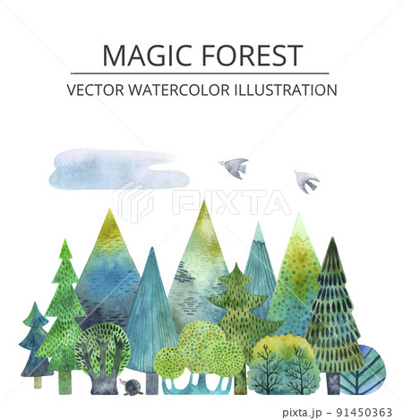 Bright colorful park on the background of mountain peaks watercolor vector illustration 91450363