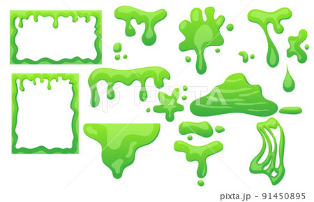 Slime background border frame and green mucus halloween. Ooze or goo poison splash drip and jelly vector illustration. Cartoon liquid sludge and toxic sticky blob. Slimy phlegm gelatin and spooky snot 91450895