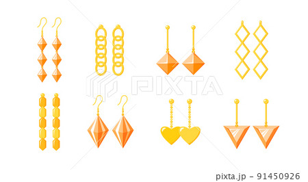 Earrings collection. Shining gold accessories with gemstones, diamonds, precious stone. Jewellery set. Flat vector 91450926