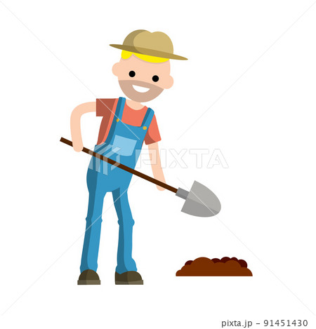 Man farmer with shovel dig ground bed. Man farmer with shovel dig ground bed. 91451430
