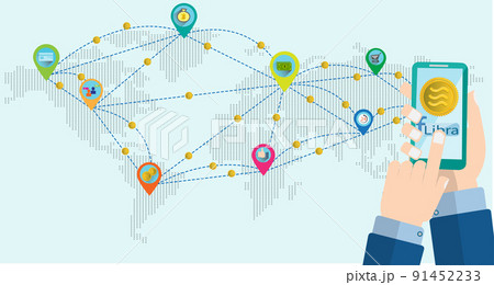 Business hands man use mobile phone.Hand use App Libra coin for web internet and exchange money. They are on map world and icon internet.Exchange,Vector Cryptocurrency and digital coin icon. 91452233