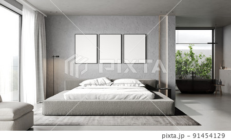 poster frames mock up in modern bedroom interior in gray tones, 3d rendering 91454129