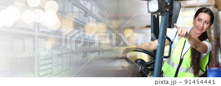 female driving forklift or Woman warehouse worker with forklift.worker in warehouse, Working at warehouse.International export business concept 91454441