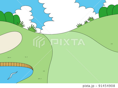 青空とゴルフ場の風景イラスト バンカーと池があるゴルフコース のイラスト素材