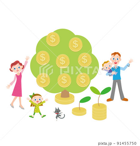 ドル建のお金のなる木で喜ぶ家族 91455750