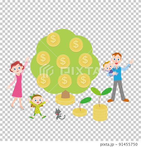 ドル建のお金のなる木で喜ぶ家族 91455750