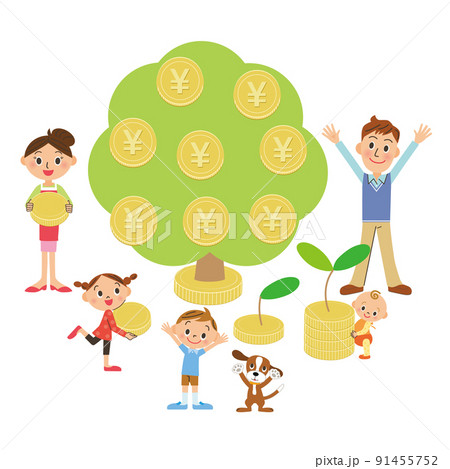 円建のお金のなる木で喜ぶ家族 91455752