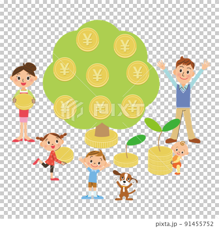 A family rejoicing in a yen-denominated money tree 91455752