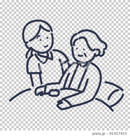 Line drawing illustration of a caregiver raising grandma from bed Line drawing illustration of a caregiver raising grandma from bed 91457453
