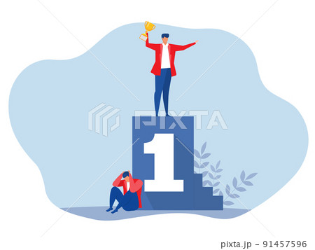 Imposter syndrome.man standing on number one reward with Anxiety and lack of self-confidence at work; the person fakes is someone else concept vector illustrator 91457596