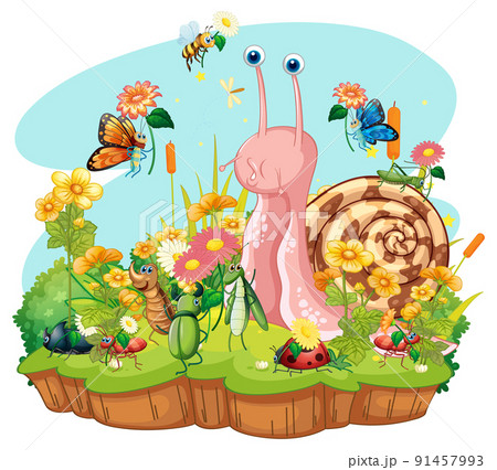 Cute snail and insects in cartoon style Cute snail and insects in cartoon style 91457993