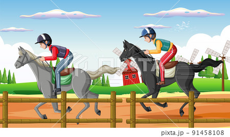Horse riding scene with jockey and horse Horse riding scene with jockey and horse 91458108