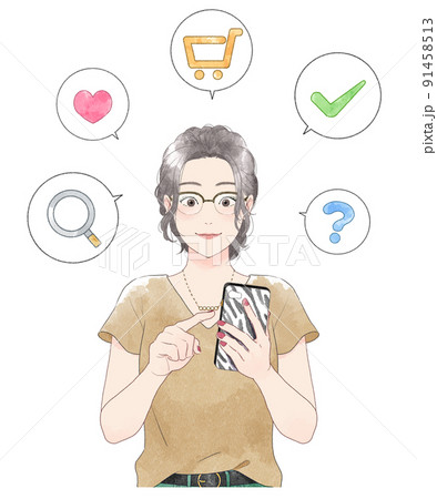 スマホを操作する女性　水彩 91458513
