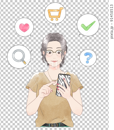 スマホを操作する女性　水彩 91458513