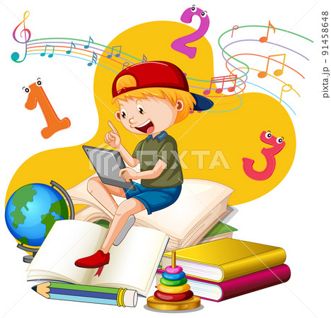 A boy reading books on a stack of books 91458648