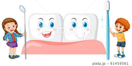 Children holding dental mirror and toothbrush on white background Children holding dental mirror and toothbrush on white background 91459561