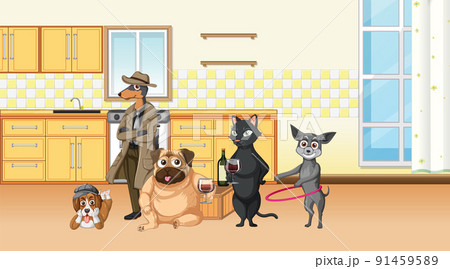 Set of different domestic animals in kitchen 91459589