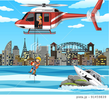 River city scene with firerman rescue in cartoon style 91459839