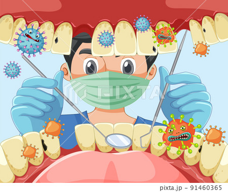 Dentist holding instruments examining patient teeth inside human mouth 91460365