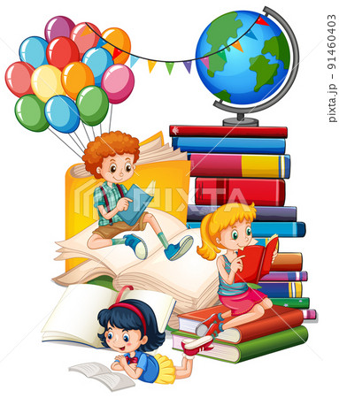 Three children are reading books on a stack of books Three children are reading books on a stack of books 91460403