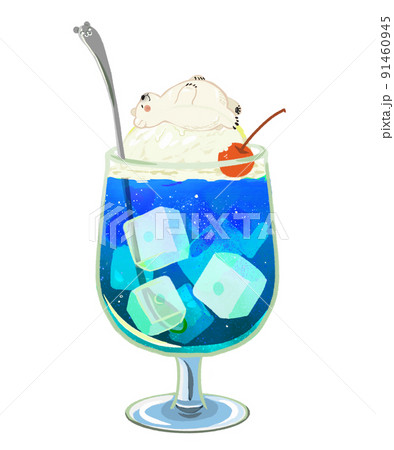 満腹しろくまが眠るブルーハワイ色クリームソーダのイラスト素材