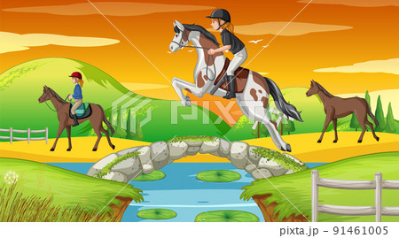 Horse riding scene with jockey and horse Horse riding scene with jockey and horse 91461005