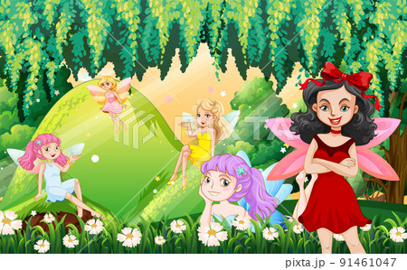 Fantastic forest scene with beautiful fairies 91461047