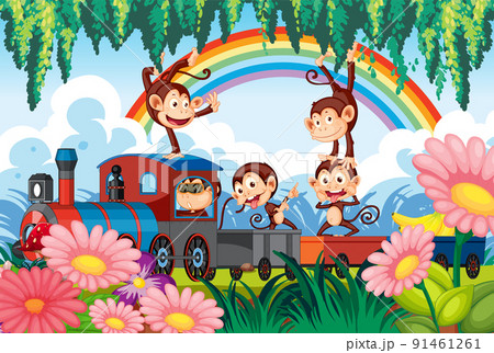 Happy monkeys riding on the train 91461261
