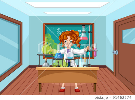 Classroom scene with scientist doing experiment 91462574