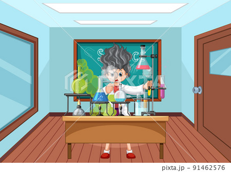 Classroom scene with scientist doing experiment 91462576