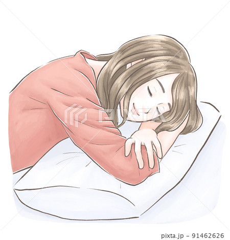 うつ伏せで快眠の女性　水彩風 91462626