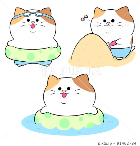 海で遊ぶゆるかわ三毛猫 3点セット のイラスト素材