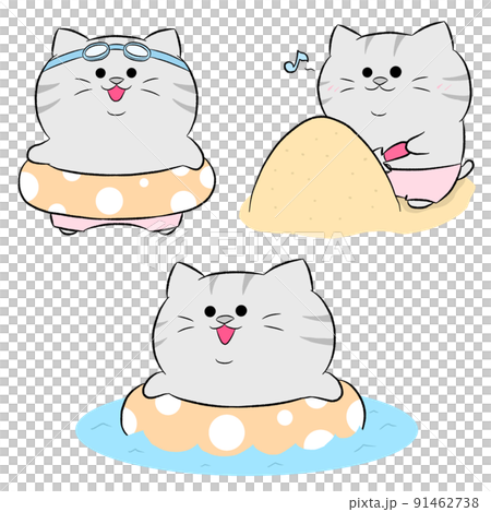 海で遊ぶゆるかわサバトラ猫 3点セット①のイラスト素材