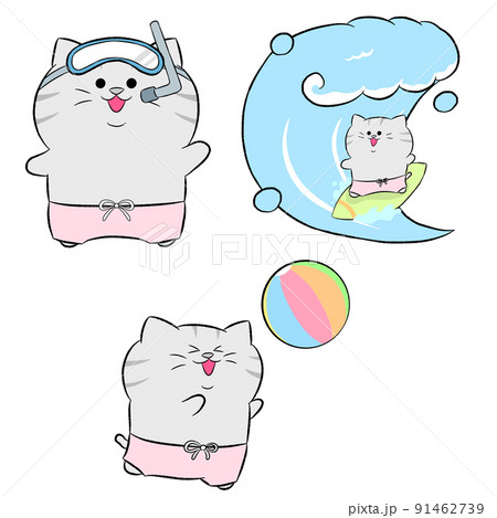 猫　サーフィン　サバトラ　とら猫　サーファー猫　夏　日本画　絵画　原画　海 猫 サーフィン サバトラ とら猫 サーファー猫 夏 日本画 絵画 原画 海