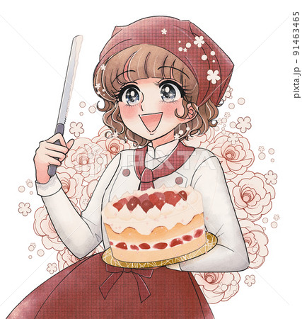 かわいい少女漫画タッチ・ケーキを切り分けるお菓子屋さん 91463465