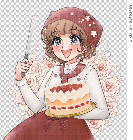 かわいい少女漫画タッチ・ケーキを切り分けるお菓子屋さん 91463465