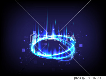 Portal and hologram blue flame stage. Music sound wave. Sci-fi digital hi-tech in glowing HUD projector. Magic gate in game fantasy. Circle teleport podium. GUI and UI virtual reality 3D 91463819