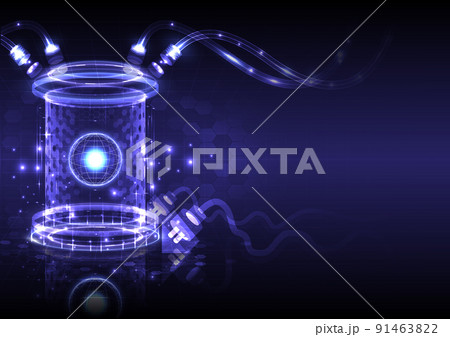 Technology science. Futuristic lab or room for research analysis data. 3D HUD interface. Stage, podium and gate hologram for UI, GUI and Web presentation design. Landing page, copy space and template 91463822