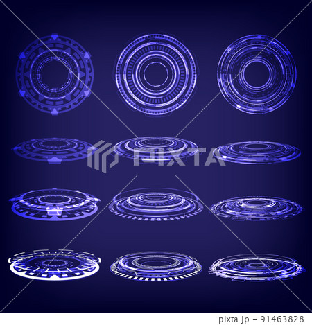 Sci-fi technology stage collection in glowing HUD. Magic warp gate in game fantasy. Circle teleport podium. Rays, GUI, UI virtual reality users. Hologram portal set of user interface. Product showing 91463828