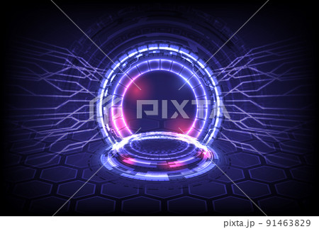 Background for showing product. Portal and hologram science futuristic. Sci-fi digital hi-tech in glowing HUD projector. Circle teleport podium and stage for reporter. GUI and UI virtual reality 91463829