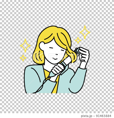 身支度をする女性のイラスト_コテでヘアセット 身支度をする女性のイラスト_コテでヘアセット 91463884