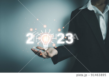 Businesswoman prepare plan goal for new year, great business future, target at work, new business project to support new customer, happy at workplace for the new year. 91463895