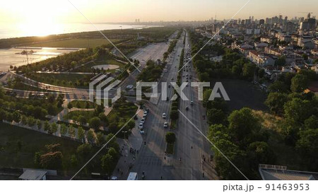 Sunset Aerial Drone Coastline Traffic Sunset Aerial Drone Coastline Traffic 91463953