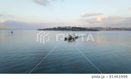 Aerial drone ferryboat traveling Bosphorus Istanbul Aerial drone ferryboat traveling Bosphorus Istanbul 91463996